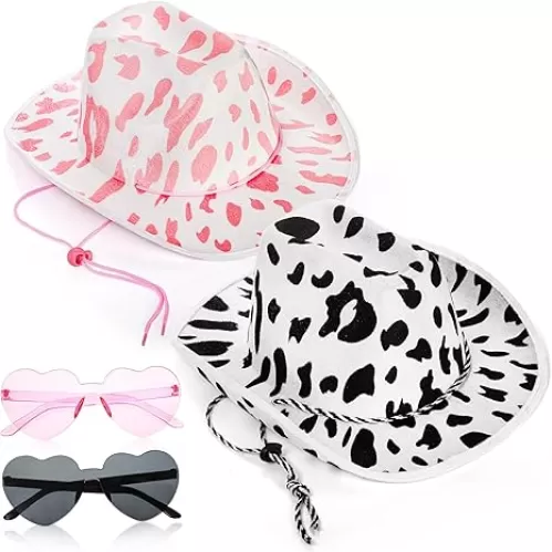 Set of 4 Cow Print Cowboy Hat, Pink Black Cowgirl Hat with Heart Sunglasses Adjustable Lanyard, Cow Pattern Western Cowboy Hats for Cosplay, Festival Party, Dress up Costume