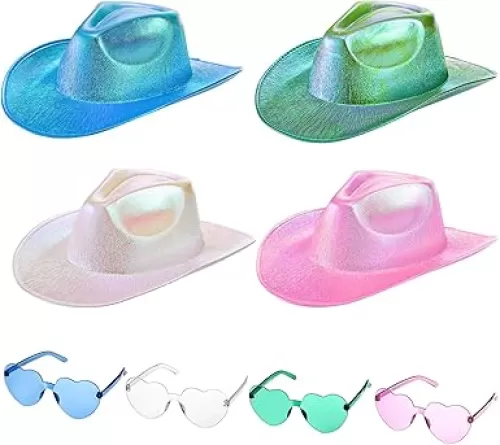 Set of 4 Holographic Space Cowgirl Hat, Metallic Space Cowboy Party Hat with Heart Glasses for Women, Neon Sparkly Glitter Disco Cowgirl Rave Hat for Costume Dress Up Party Accessories