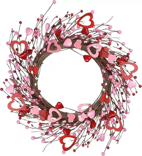 Siawoy 18 Inch Artificial Valentine's Day Wreath with Red, Pink, White Hearts and Berries for Front Door, Wall, Window, Wedding, Anniversary