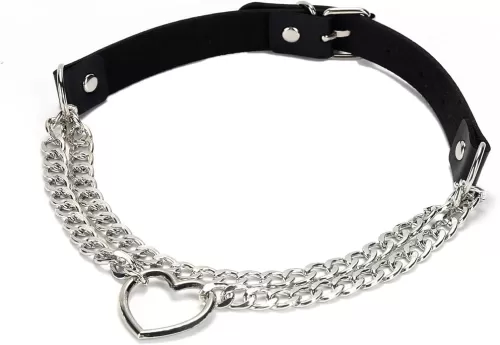 Silver Slip Cuban Chain Necklace with Heart Ring Adjustable Soft Leather Choker for Punk Goth Vintange Women Accessories