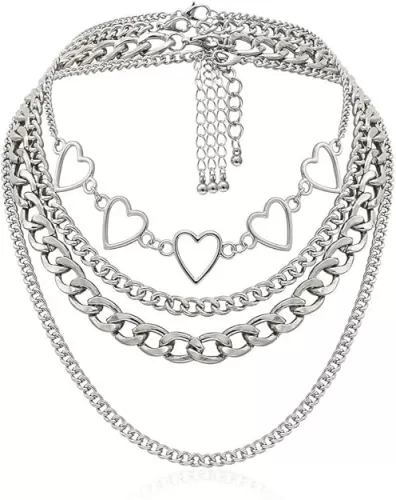 Simple Heart Necklace Lolita Choker Chain Layered Cuban Chunky Silver Chain Necklace for Women Men Chic y2k Clothes Jewelry