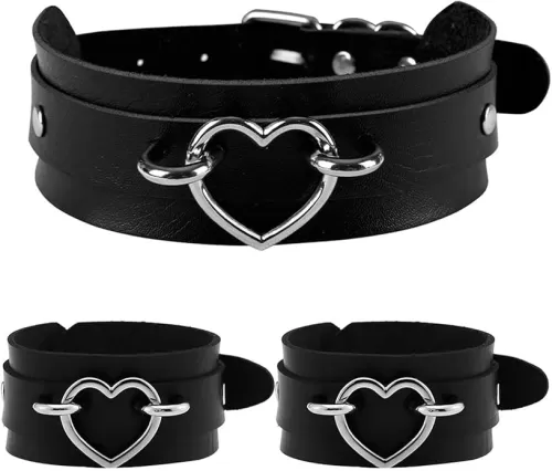 Soft Faux Leather Punk Goth Bracelets Bangle with Matching Heart Ring Choker Collar, Halloween Cosplay Gift for Retro Womens Teens