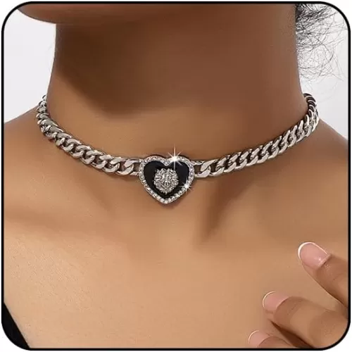 Sora Tuki Heart Necklaces for Women Silver Heart Choker Gold Heart Necklace Cuban Link Chain Gold Chunky Necklace CZ Heart Pendant Punk Statement Necklace Fashion