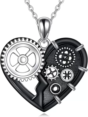 Steampunk Gear Necklace Sterling Silver Steam Punk Pendant Necklace Heart Punk Jewelry for Women Mens