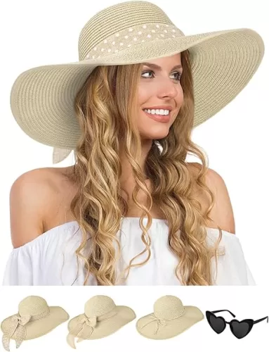 Sun Hats for Women, Wide Brim Floppy Beach Straw Hat for Summer Travel Vacation Foldable with Heart Shaped Sunglasses UPF 50+