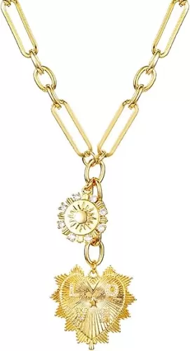 Sun Heart Charm Choker Necklace for Women Men, Golden Plated With Zircons Inlaid Pendants, Thick Chunky Paperclip Chain Hip Hop Necklace Unisex Jewelry, Cuban Link Chain for Women Trendy（Heart）