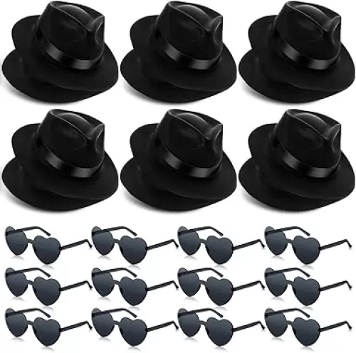 Sureio 12 Pieces Fedora Gangster Hat With 12 Pairs Heart Shaped Glasses, Plastic Gentlemen Hats, Gangster Costume Hats for Kids Adults 1920s Party Hats for Men Women (Black)