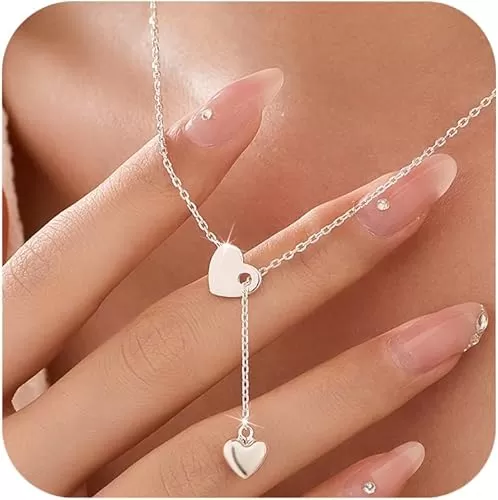 SUYACS 925 Sterling Silver Lariat Big Love Heart Necklaces for Women Double Heart Y Necklace Trendy Simple Minimalist Drop Dangle Chain Pendant Choker Necklace Jewelry for Mom Wife Daughter