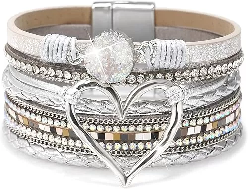 Suyi Multilayer Leather Wrap Bracelet Heart-Shape Wide Cuff Bracelets for Women