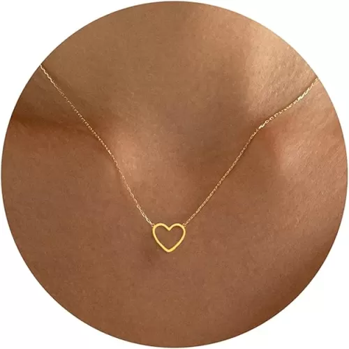 Tewiky Cute Heart Necklace Tiny 14k Gold Heart Pendant Choker Necklaces Small Gold Love Open Heart Chain Necklace for Women Dainty Gold Necklace Gifts for Her