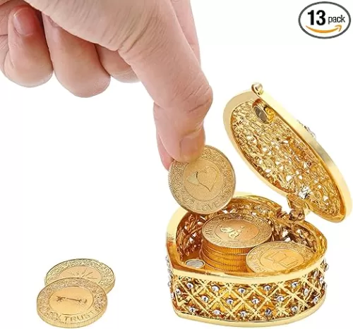 TINGKU 13 English Words Wedding Arras Unity Coins Set with Heart Shaped Box, Arras Para Boda Catolica, Arras De Boda Catolica for Wedding Ceremony, Arras de Boda Cristiana - Gold Coins