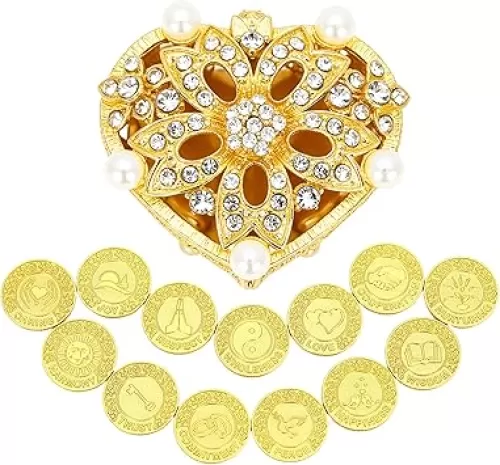 TINGKU 13 pcs English Words Wedding Unity Coins Set with Heart Shaped Box, Arras de Boda Catolica, Arras para Boda Catolica, Arras de Boda Cristiana for Wedding Ceremony-Gold Coins
