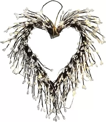 TITA-DONG Pre-lit Artificial Idyllic Heart Wreath, White Berry Heart Shaped Rattan Wreath, Front Door Decoration Wreath Outdoor Wall Window Farmhouse Decor