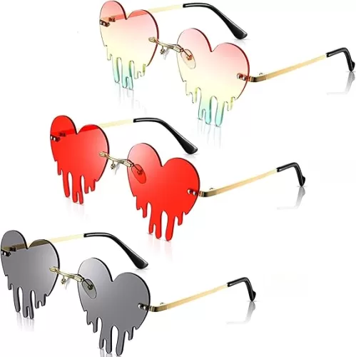 TOODOO 3 Pairs Dripping Heart Sunglasses for Women Melting Heart Shaped Sunglasses Rimless Colorful Irregular Eye Glasses