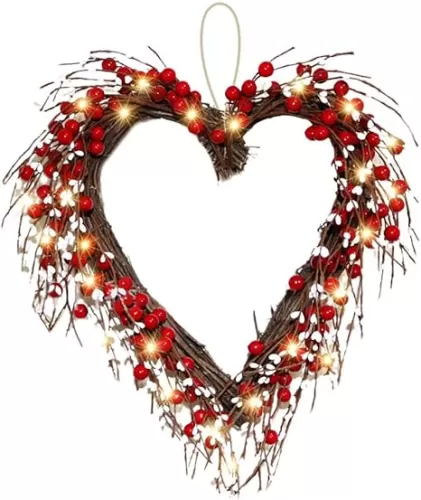 Valentine Wreath Front Door Wreath Red Berries Valentine Wreath, Door Wreath, Red Berries Heart Shaped WreathHeart Shaped Wreath with 20 LED Battery Operated(40 * 30 cm)