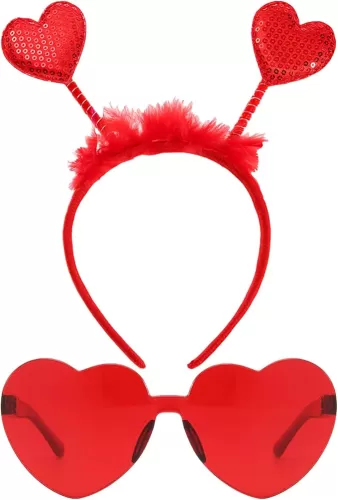 Valentine's Day Heart Headband and Heart-Shaped Glasses Set - Red Romantic Head Bopper Costume Dress-Up Accessories for Wedding, Engagement, Halloween, Anniversary, Bridal Shower, Birthday Party Favor