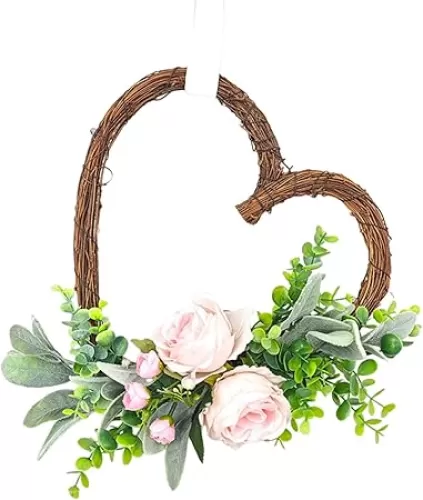Valentines Day Heart Shaped Wreath, Handmade Wreath with Flower and Eucalyptus, Reusable Heart Wreath Decoration for Front Door Wall, Unique Valentine's Day Present for Women