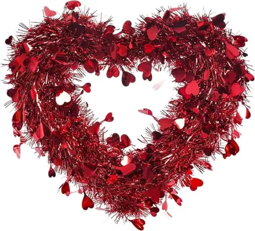 Valentine's Day Heart Wreath Love Heart Tinsel Garland Artificial Hanging Heart Wall Decor for Wedding Party Proposal Engagement Mother's Day Birthday Anniversary Front Door Window Mantel Decoration
