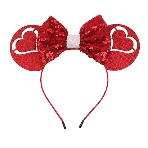 Valentine’s Day Hearts Headbands Red Mouse Ear Headbands Hearts Romantic Hair Decoration Valentine’s Day Shiny Bows Hairbands for Girls Women Dating Hair Decoration (Red Hearts)