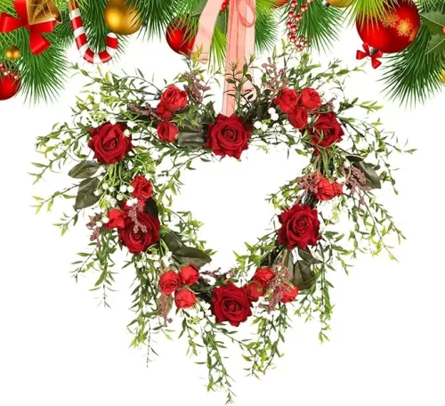 Valentine's Day Wreath - Heart Shaped Wreath - Red Heart Wreath, Floral Artificial Door Wreath, 15.74 Inches for Valentine’s Day Wedding Festival Decor