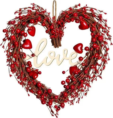 Valentines Day Wreaths for Front Door, 14 Inches Artificial Red Berries Valentine Heart Shaped Wreath Decor with Love Wooden Sign, Valentine Heart Wreath for Window Home Indoor, Outdoor
