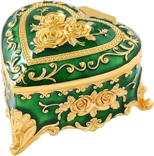 Vintage Jewelry Box, Gold Heart Shape Treasure Ring Box, Metal Trinket Organizer Keepsake Box Gift for Girl Women, Green