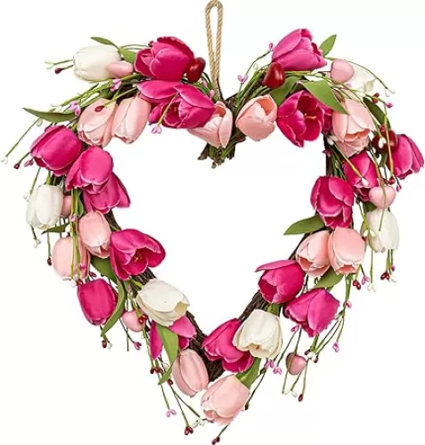 VioletEverGarden 18in Heart-Shaped Valentine's Day Wreath with White, Pink, Red Tulip, Berry & Green Leaf for Valentine's Day, Wedding, Festival Decor