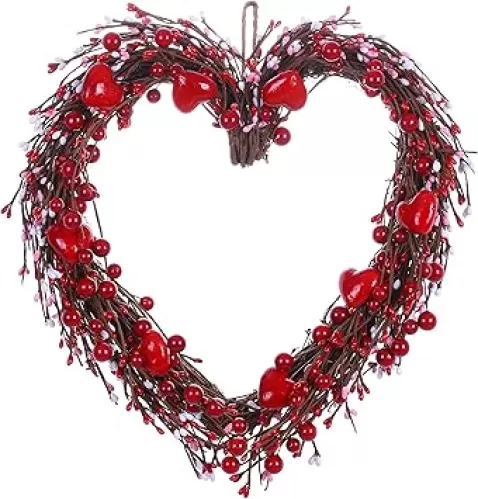VioletEverGarden Valentine’s Day Wreath, 15” Heart Shaped Wreath with Red White Pink Berries for Valentine’s Day Wedding Festival Decor
