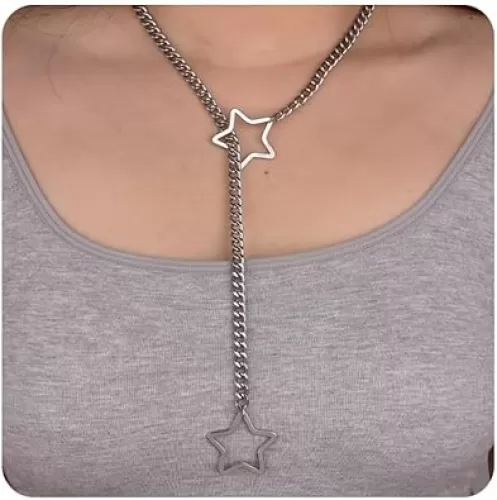 WAINIS Heart O-ring Slip Chain Necklace for Women Men Punk Gothic Cuban Star Cat Lock Necklace Adjustable Y-Necklace Goth Choker Jewelry