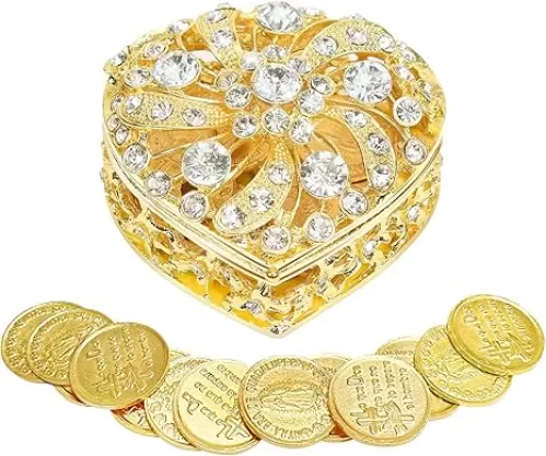 Wedding Arras Coins Set - Gold Heart Shaped Box with 13 Virgen of Guadalupe Coins, Arras De Boda Cristiana, Wedding Accessories for Ceremony