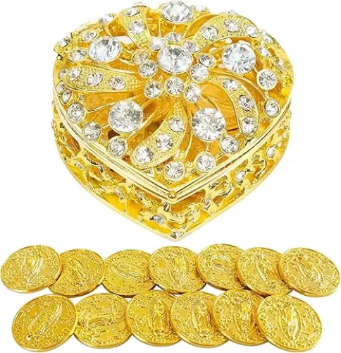 Wedding Arras Coins Set Arras Para Boda Catolica Arras De Boda Catolica with 13 Virgen of Guadalupe Coins and Gold Heart Shaped Box Wedding Accessories for Ceremony