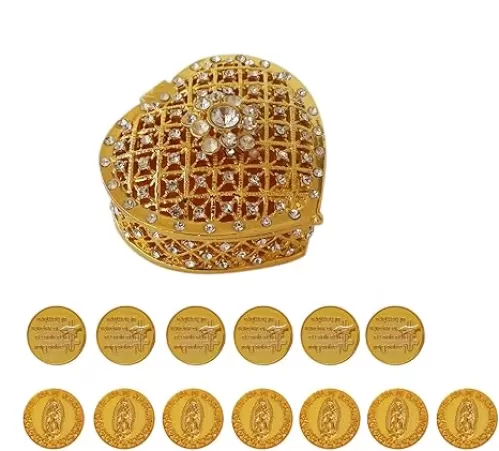 Wedding Unity Coins Set, Wedding Rhinestone Heart Shape Box, 13 Virgen of Guadalupe Coins, Mexican Arras Para Boda Catolica, Accessories