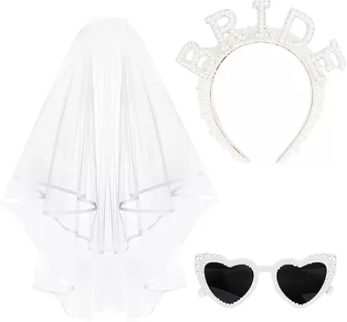 Wedding Veil with Pearl Bride Headband Heart Sunglasses 3 PCS Bachelorette Party Decorations Favors Bridal Shower Gifts