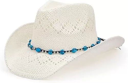 Western Cowboy Hat for Men Women, Wide Brim Straw Cowgirl Hat with Heart Beaded Shapeable Summer Beach Sun Cap