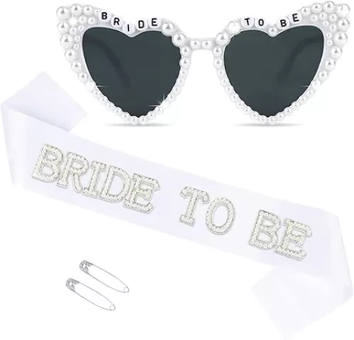 White Bride to Be Sash & Heart Sunglasses Set Bachelorette Party Decorations Bridal Shower Engagement Party Decorations