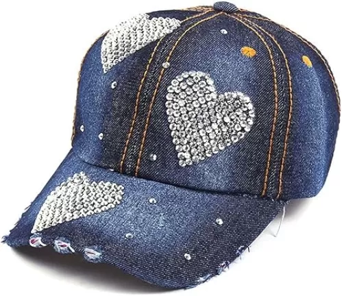 Women Bling Rhinestones Baseball Cap Heart Shape Vintage Jean Sport Hat