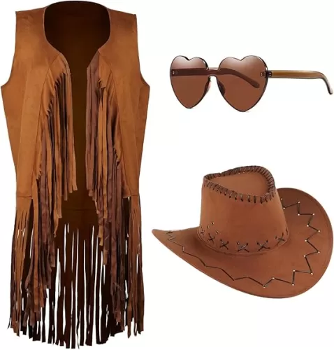 Women Tassel Fringe Vests 70s Hippie Faux Suede Sleeveless Fringed Jacket Western Cowgirl Outfits with Cowboy Hat Heart-Shaped Sunglasses Women Costume Accessories Open-Front Vintage Vest