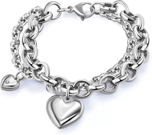Womens Heart Pendant Bracelet With Double Gorgeous Chain Stainless Steel Silver Drop White Hot Punk Sexy Hiphop Jewelry Girls