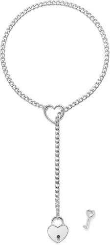 Women's Stainless Steel Heart O-Ring Adjustable Lariat Y-Necklace Punk Long Cuban Lock Necklace with Key