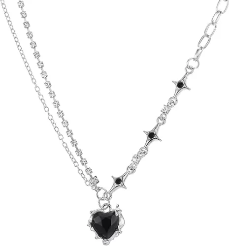 Y2K Heart Diamond Necklace, Aesthetic Punk Heart Crystal Pendant Necklace Asymmetric Rhinestone Star Neck Chain