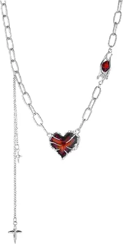 Y2K Ruby Heart Necklace Goth Punk Lock Bone Chain Necklace for Men Women, Christmas Valentine's Mother's Day or Birthday Jewelry for Mom Wife Girlfriend