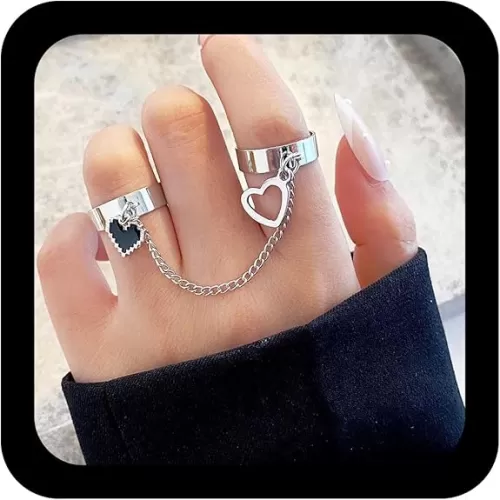 Yienate Silver Punk Heart Bracelet Finger Chain 2 Open Rings Link Finger Chain Hip Hop Charm Finger Band Bracelet Jewelry Gift for Women