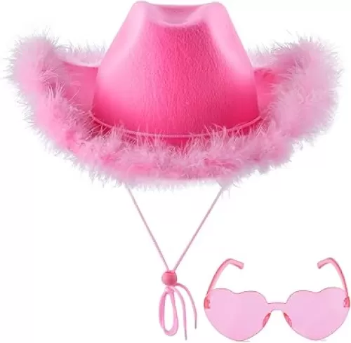 ZEBSF Feathers Cowboy Cowgirl Hat with Heart Sunglasses - Cowboy Hats for Women Bachelorette Birthday Disco Party