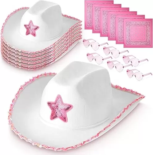 Zhanmai 18 Pieces Cowboy Cowgirl Hat with Heart Sunglasses and Paisley Bandanna Set for Women Teens(Star Style, Pink)