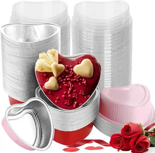 100 Pcs Heart Shaped Cake Pans with Lids Mini Aluminum Foil Heart Cupcake Baking Tins 3.4 Oz Disposable Heart Shaped Containers for Valentine