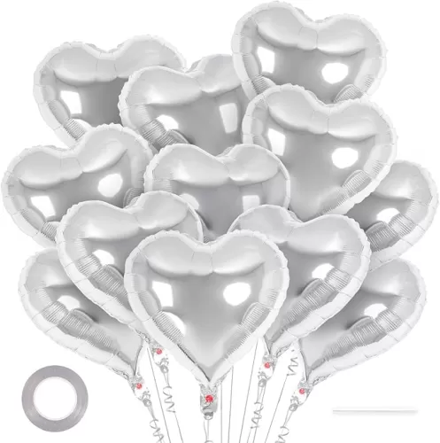 12 Pcs Sliver Heart Balloons, 18 Inch Heart Shape Foil Balloons for Love, Valentine, Birthday, Wedding, Engagement, Baby Shower & Valentine Day Decorations