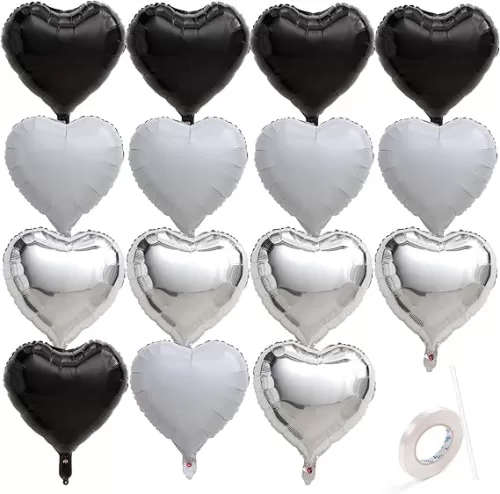 15 Pcs Black & White Heart Balloons, 18 Inch Heart Shaped Foil Balloons with Ribbon for Baby Shower, Birthday, Party, Valentine