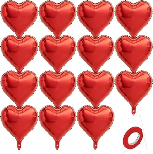 15 PCS Red Heart Balloons, 18 Inch Heart Shaped Balloons Foil with Ribbon, Heart Foil Balloon for Baby Shower, Birthday, Party, Valentines Day Decorations