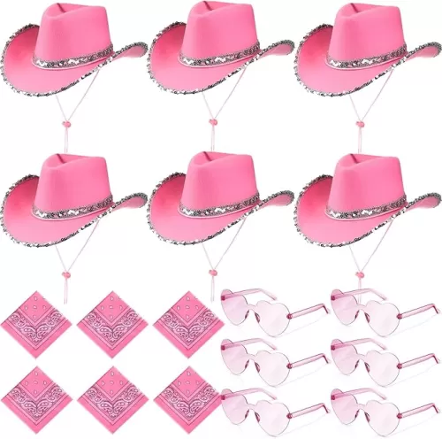 18 Pieces Cowboy Hat with Heart Sunglasses and Paisley Bandanna Set for Women Teens (Black, Glitter Style)