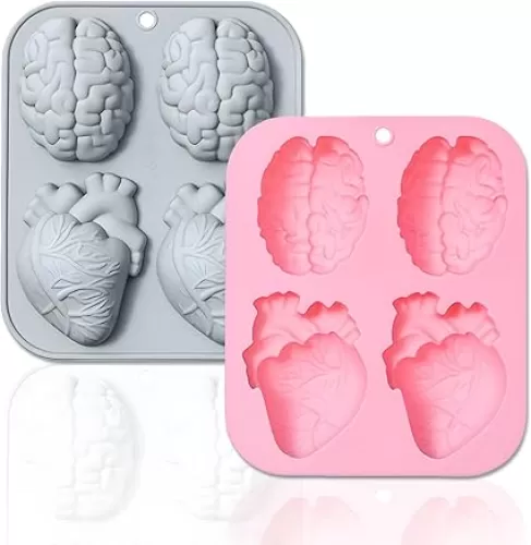 2 Pack 3D Human Brain Heart Silicone Molds, MaehSab Realistic Halloween Organ Shapes Molds for Chocolate, Pudding, Dessert, Jelly, Handmade Soap, Candle, Cake, Resin Craft Supplies